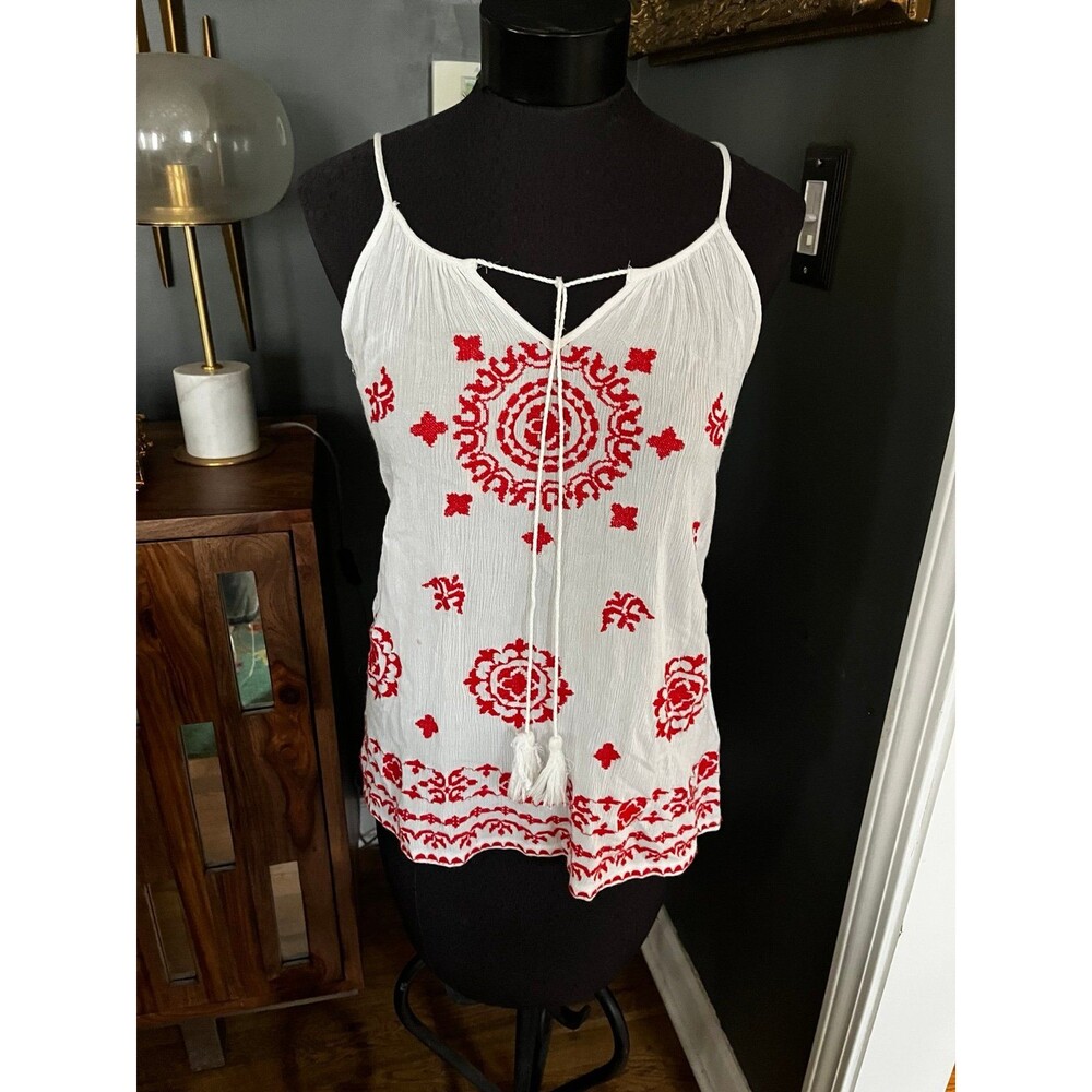 Women’s Solitaire Embroidery Gauze tassel top Shirt Tank Top Red White